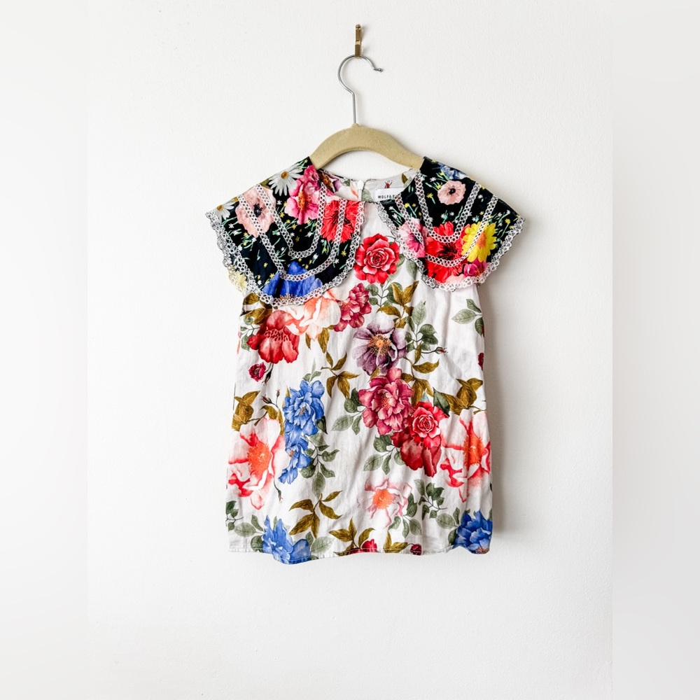 Wolf and Rita Floral Kids Top with Embroidered Collar size 8